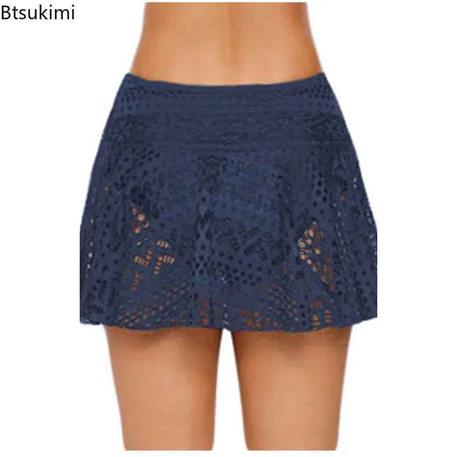 Women's Summer Shorts Skirt Swimwear Fashion Ladies Mini Mesh Lace Crochet Tiered Elastic Waist Famale Sexy Short Swimsuit Pants