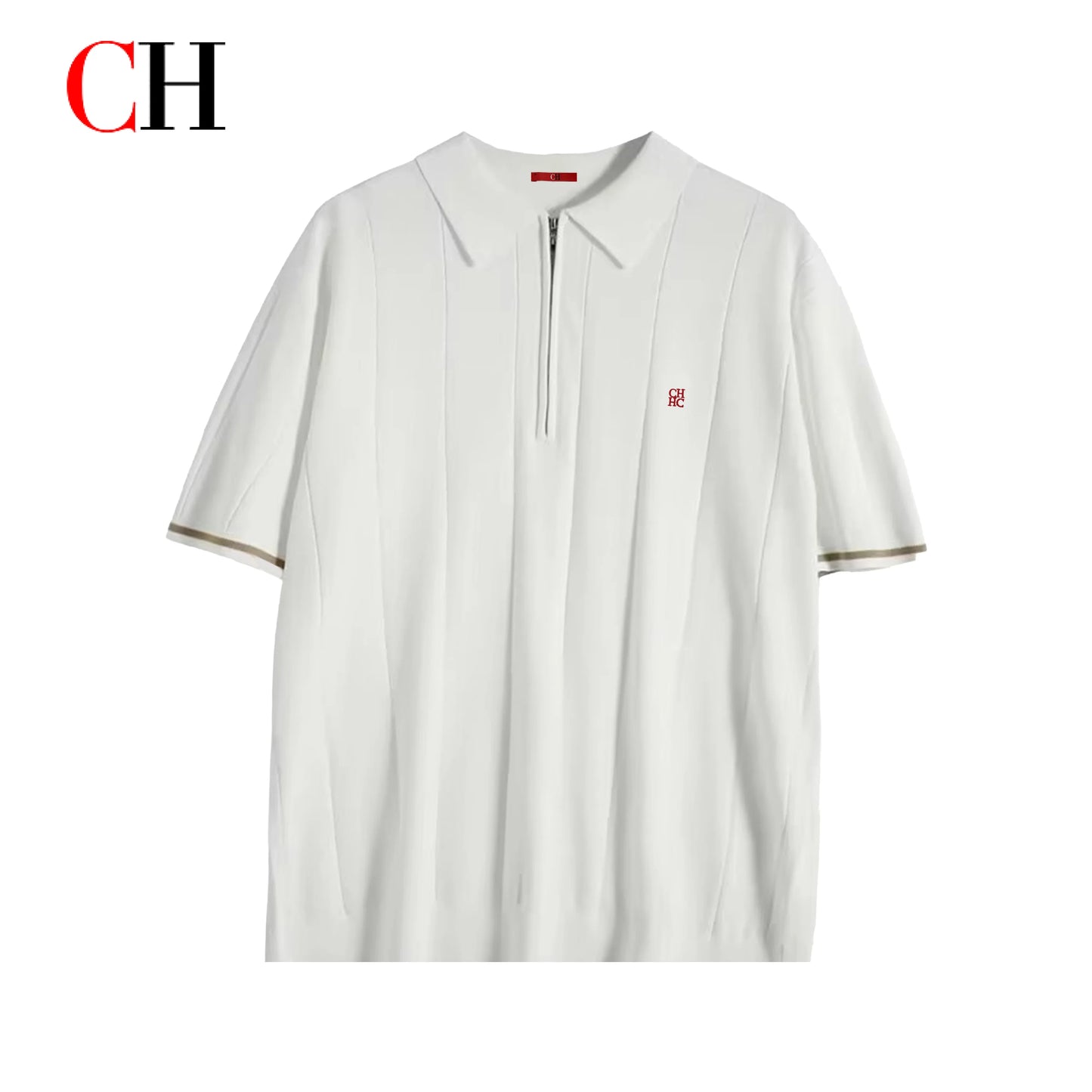 CH Luxury Men Turn Down Collar Knit Polo Half Zipper Vertical Texture Red Logo Embroidery Summer Male Business Gentleman Tee