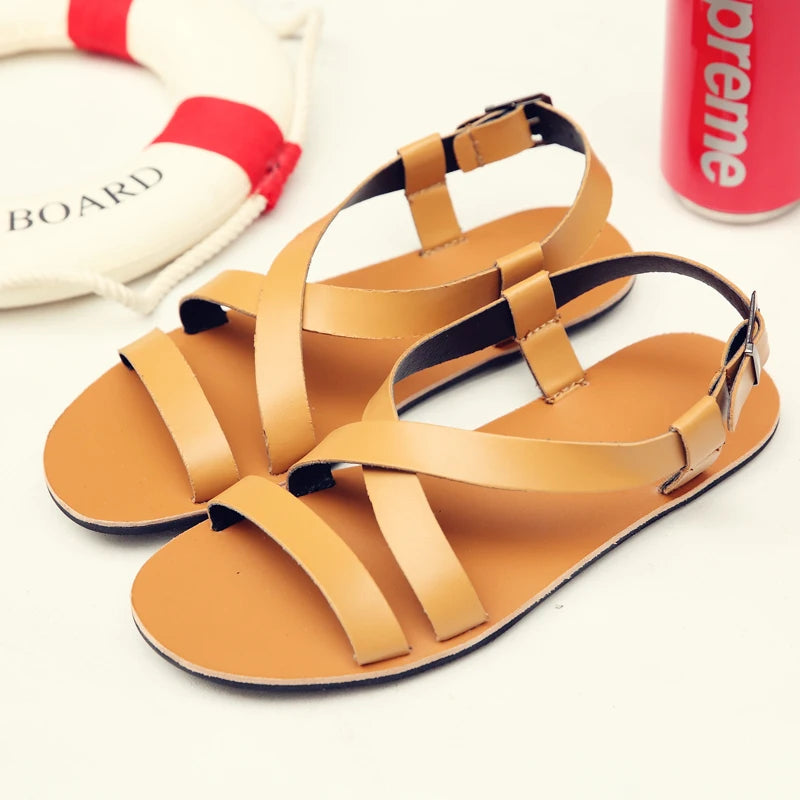 Mens Summer Breathable Leather Sandals Comfortable Roman Slippers for Outdoor Walking Casual Wear Non Slip