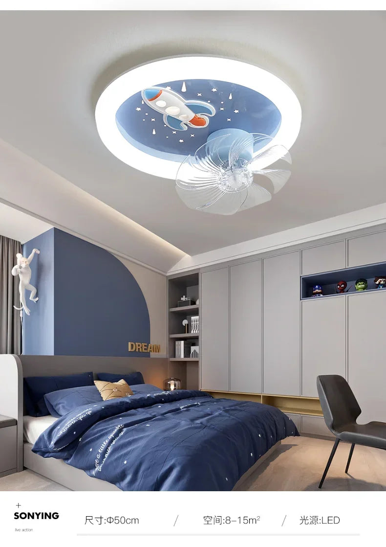 Modern Kids Room Ceiling Fan Light Cartoon Moon Astronaut Ceiling Lamp Boy Girl Bedroom Nursery Study Chandelier Ceiling Lights