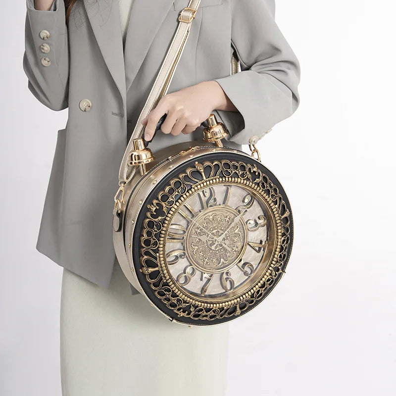 New Trendy Luxury Purses and Handbags for Women Vintage Clock-shaped Bag Round Shoulder Crossbody Tote Bag