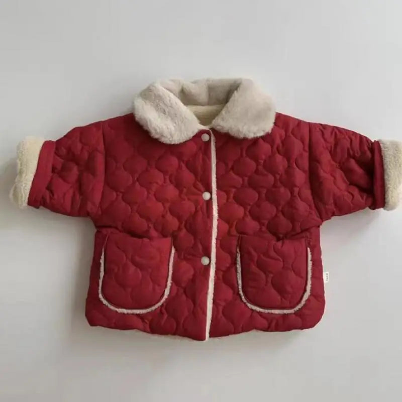 Autumn Winter Ins Children Plus Velvet Thicken Cotton Coat Girl Baby Fashion Solid Lapel Tops Kid Boy Fleece Warm Casual Jacket