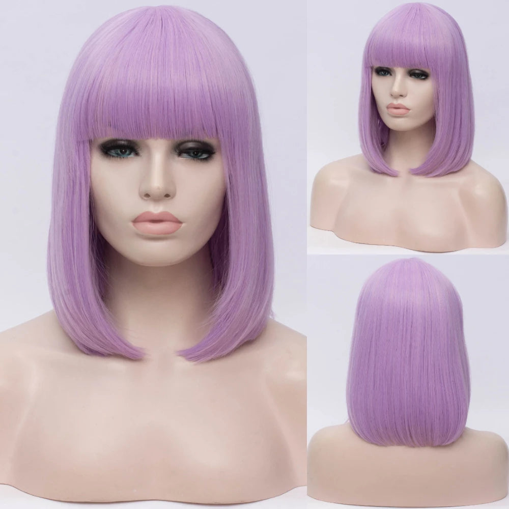 MSIWIGS Women Synthetic Straight Short Bob Wigs With Bangs Blue Golden Red Black White Purple Green Brown Cosplay Wig Female