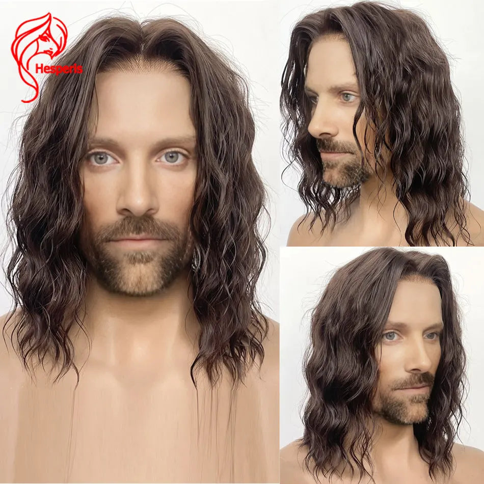 Hesperis Human Man Hair Water Wave Wigs Long Brown Wave Lace Front Wigs For Male Glueless Middle Part Man Brown Lace Wigs