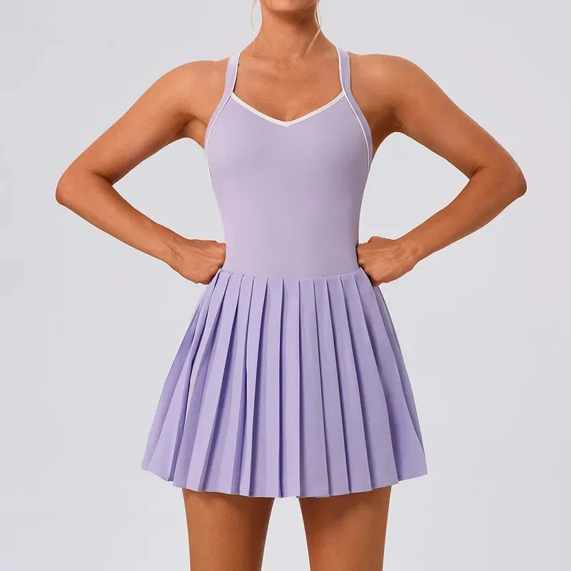 Women's Pleated Tennis Dress with Shorts Moisture-wicking Badminton Dress with Chest Pad Athletic Sports Outfit