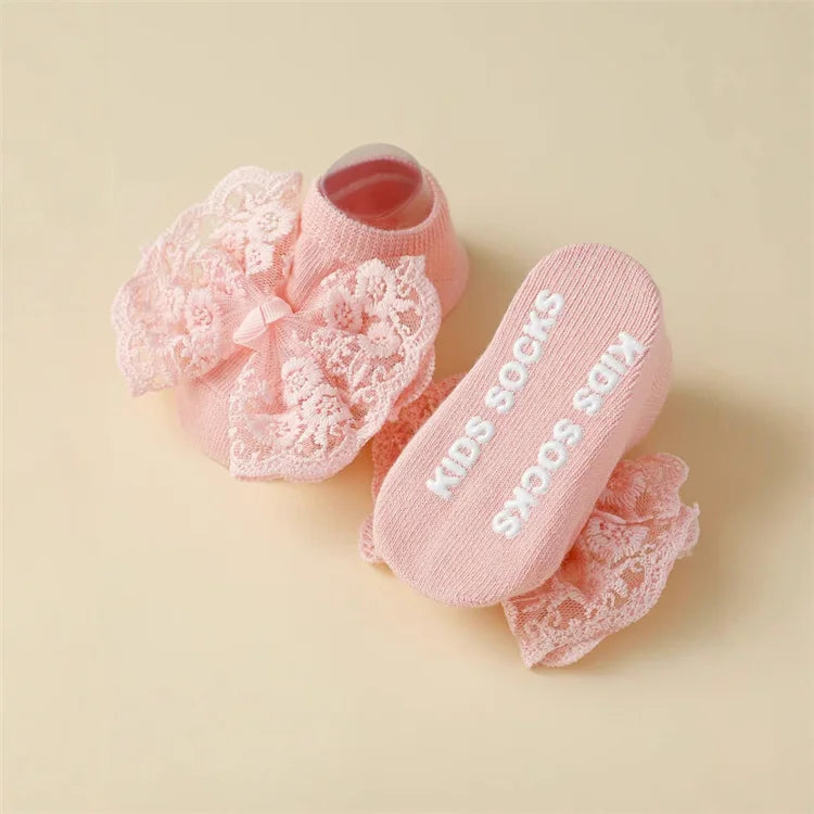 2Pcs Baby Girl Headband And Socks Set Princess Lace Bowknot Elastic Hair Band Anti-Slip Floor Socks for Newborns