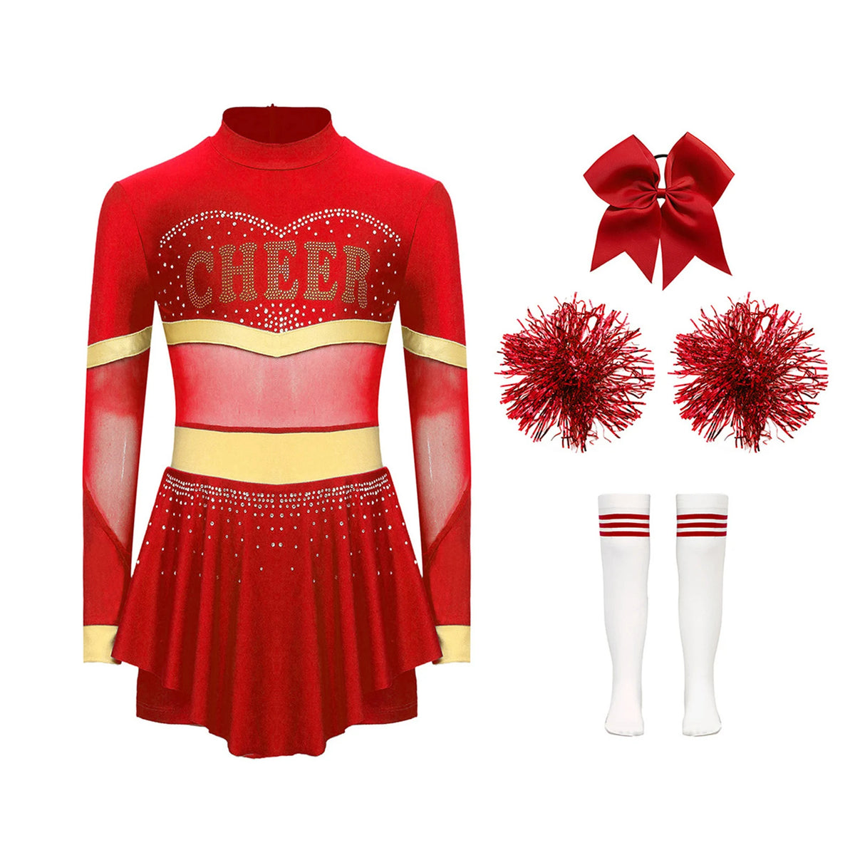 Girls Cheerleader Costume Long Sleeve Cheerleading Uniform Children Cheer Dance Dress Hand Flower Socks Stage Dancewear Sets