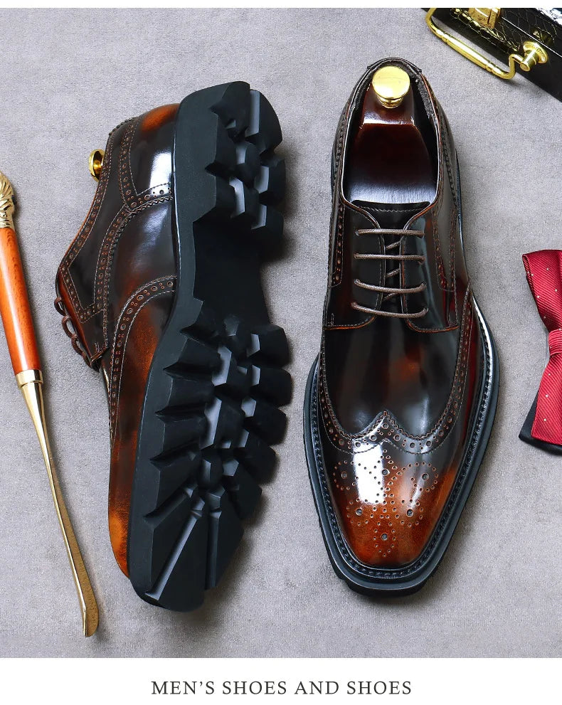 Size 38 To 46 Classic Italian Genuine Leather Men's Dress Shoes Black Lace-up Wingtip Oxfords Business Wedding Brogue Suit Shoes