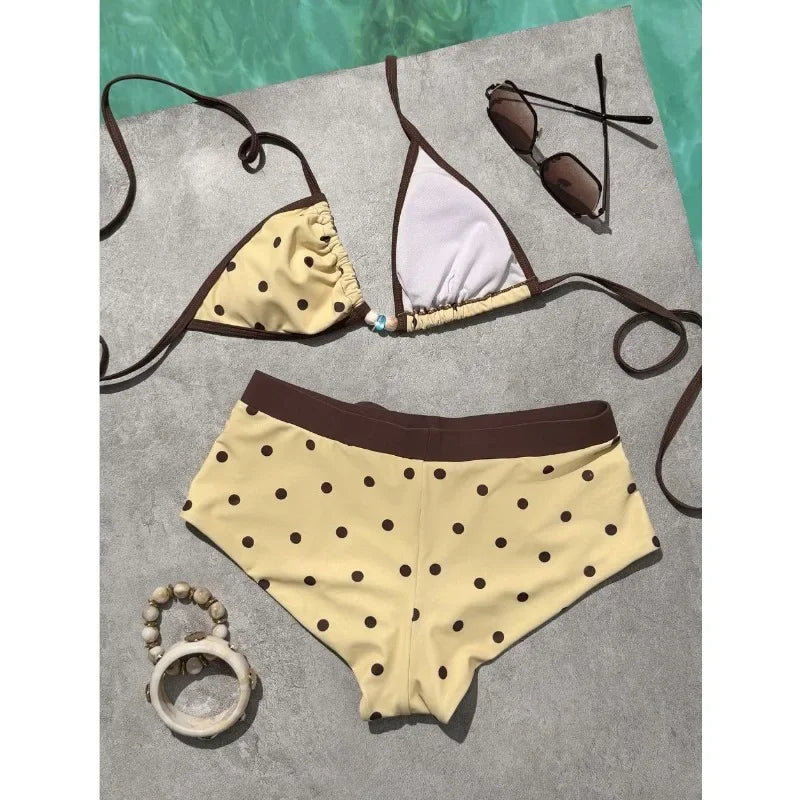 2026 New Beach Bathing Suit Women Polka Dot Halter Lace Up Swimsuits Bowknot Bikinis Swimsuits Print Beachwear Summer Swimwear