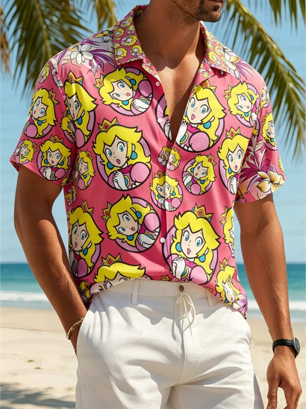 Summer Men's Women's Yoshi Full Body Printed Button Casual Hawaiian Shirt Summer Beach Vacation Short Sleeve Shirt