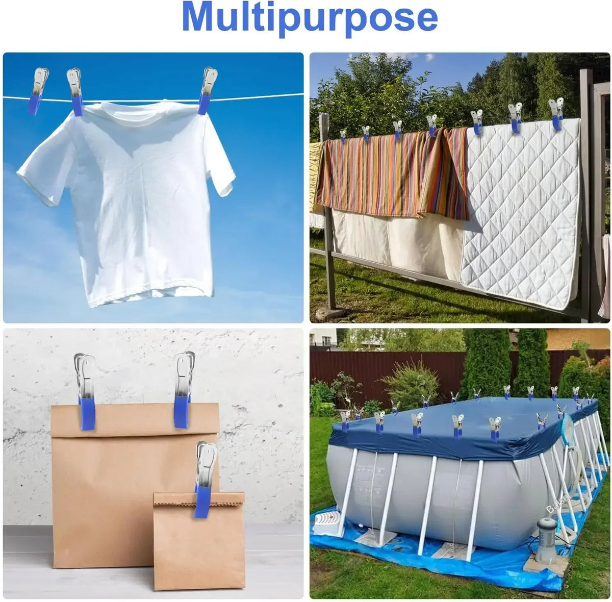 12/6pcs Durable Stainless Steel Pool Cover Clips with Blue/Black Plastic Handle - Suitable for Ground Pool Covers