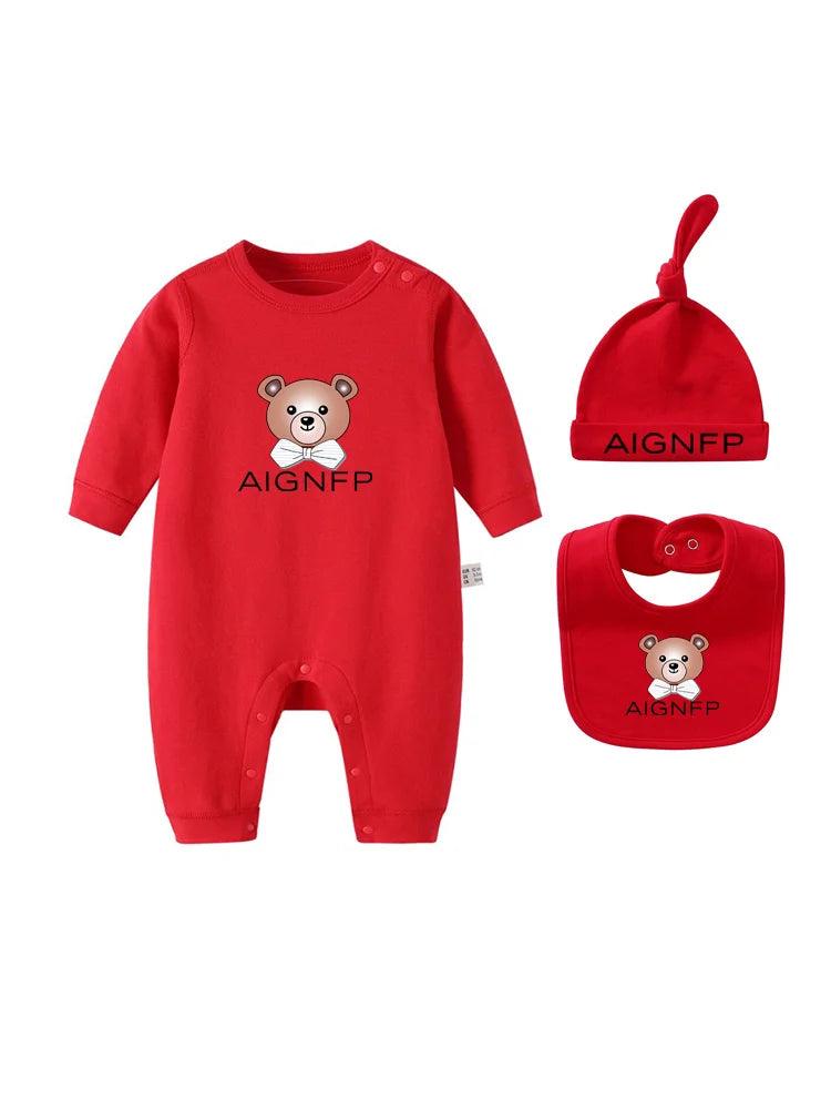 Cute Bear Jumpsuit Newborns Autumn Clothes 2025 Hot Sale New Soft Bib scarf Hat Toddler Romper Sets Baby Long sleeves Bodysuits