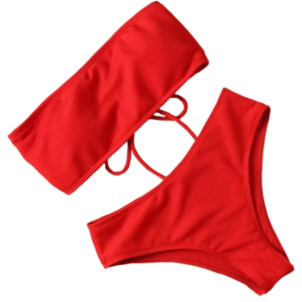 Solid Color Strapless Bikini Set Backless Sexy Swimsuit High Waist Adjustable Women Swimwear Summer