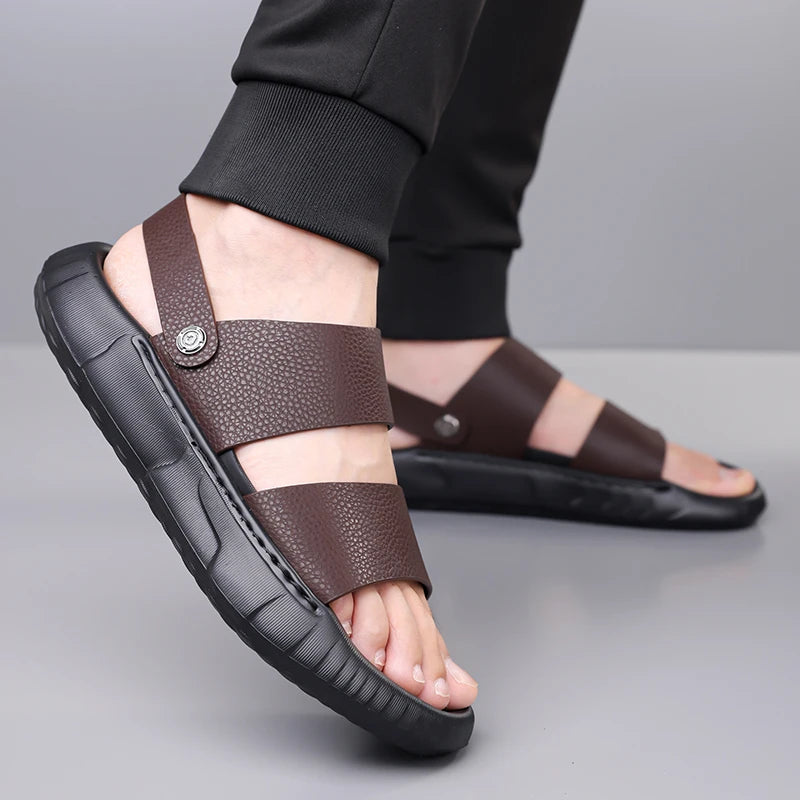Man Retro Outdoor Comfort Thick Soled Leather Sandals Men's Summer New Men Sandals Luxury Quality  Beach Anti Slip Men Slippers
