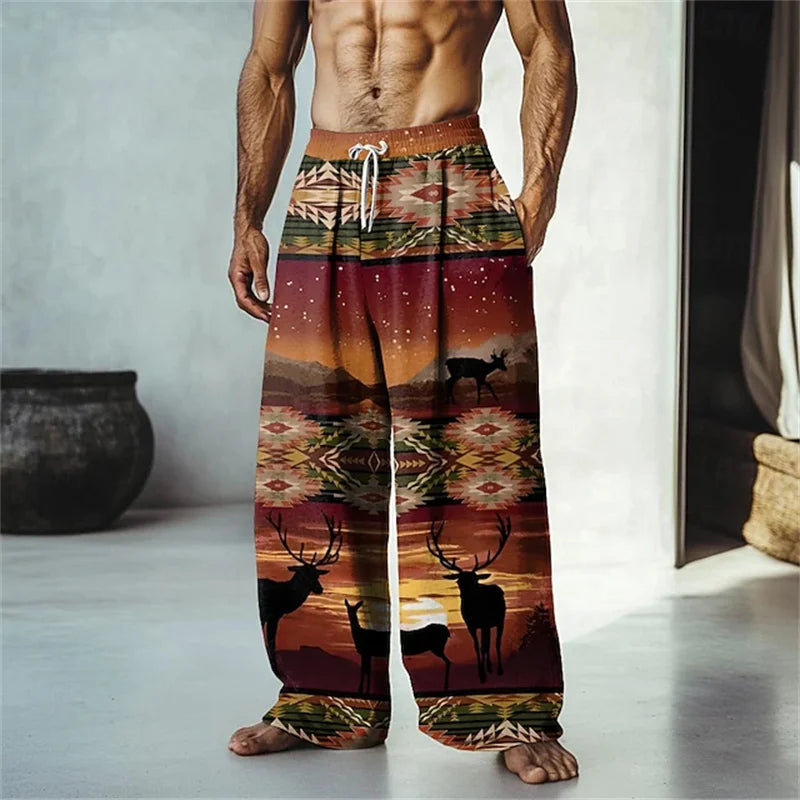 New men's loose fit casual pants with 3D printed geometric patterns, fashionable and comfortable wide leg pants