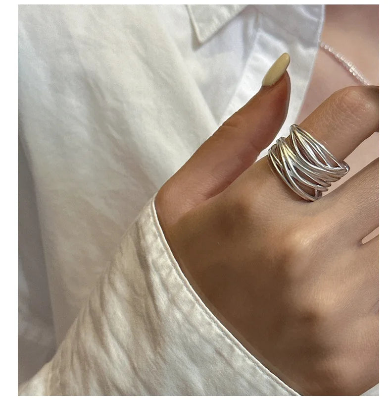 VENTFILLE 925 Sterling Silver Geometric Line Cross Wrap Open Ring For Women Gift Irregular Punk Adjustable Jewelry Dropshipping
