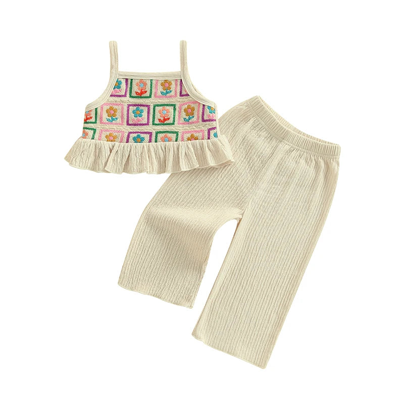 Toddler Girl Crochet Outfit Crochet Floral Crop Top Sleeveless Camisole Ruffle Top and Pant Set Baby Summer Clothes