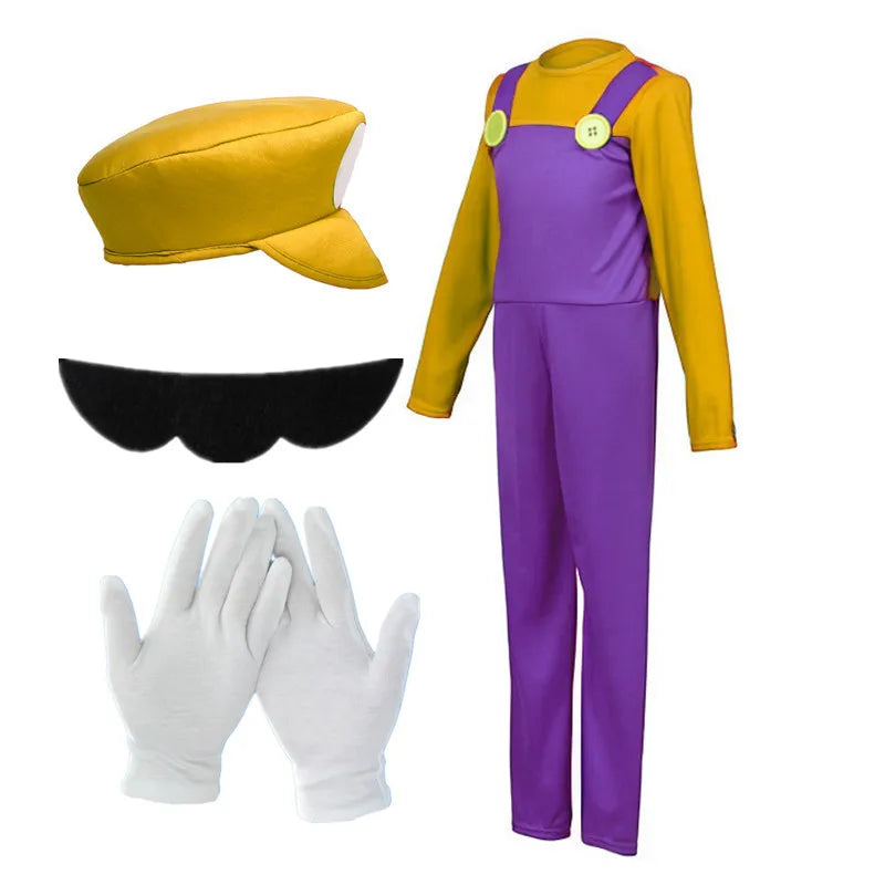 Halloween Men's Plumber Jumpsuit Roleplay Costume (Includes Hat, Gloves, Mustache Accessories) Available in Red, Yellow, Purple