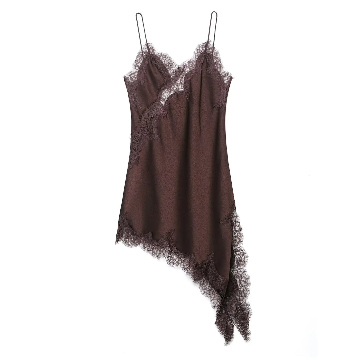 KONDALA Satin Sexy Lace Spliced Short Sling Dress Women Sleeveless Backless Asymmetric Sexy Party Dresses 2025 Autumn Lady Dress
