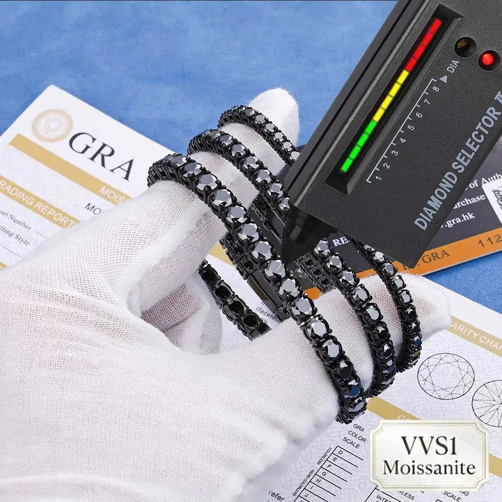 Nuoya 3mm 4mm 5mm Black Moissanite Tennis Chain Stainless Steel Iced Out Tennis Bracelet for Men Women Round Cut Hip Hop Gift