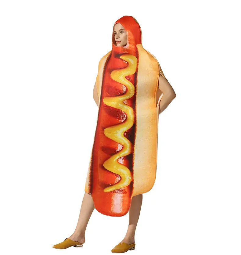 Halloween party costume, hot dog cosplay attire, stage performance outfit, one-piece dress, performance outfit
