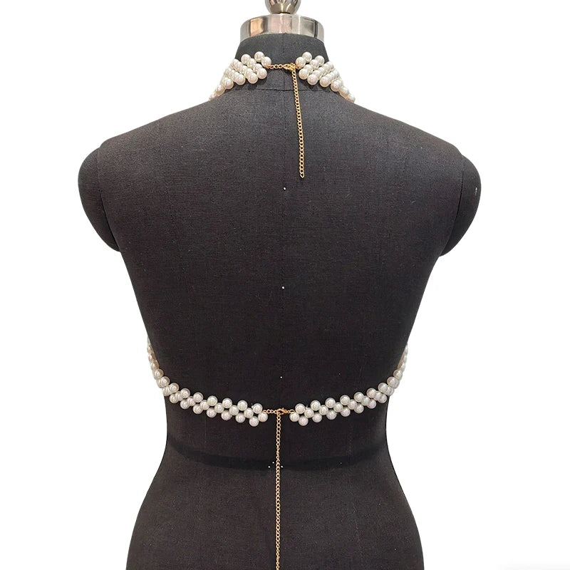 Handmade White Pearl Multilayer Bridal Halter Neck Vest Body Chain Pearl Bralette Chest Harness Beaded Bra