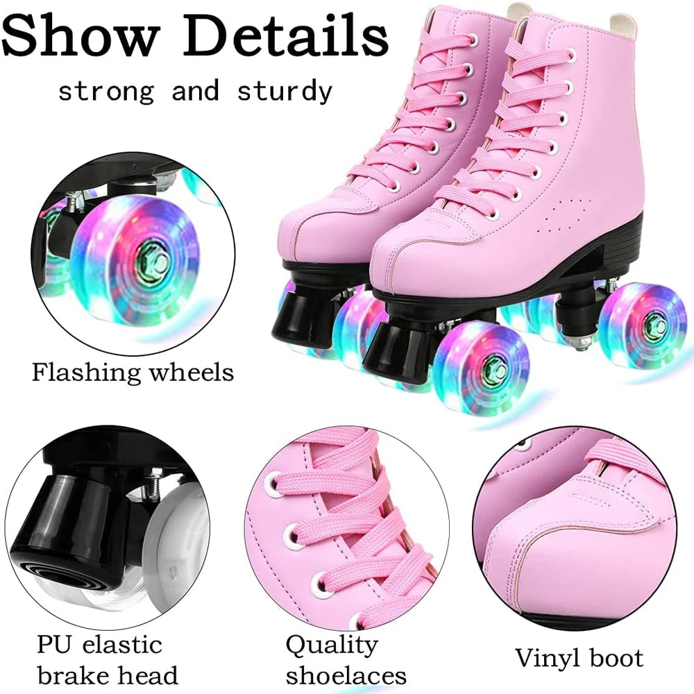 Pink Roller Skate Shoes PU Leather Roller Skates Skating Shoes Sliding Inline Quad Skates Sneakers 4 Wheels Flash Wheel Sneakers