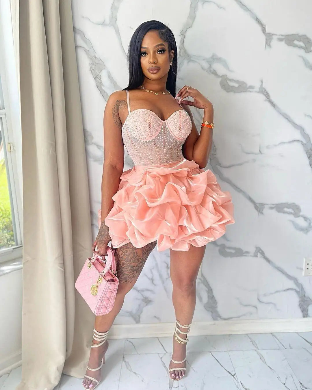 HBLL Sexy Rhinestone Bodycon Ruched Puff Suspenders Dresses Women Sheer Mesh Birthday Party Night Clubwear Summer Dresses Robes