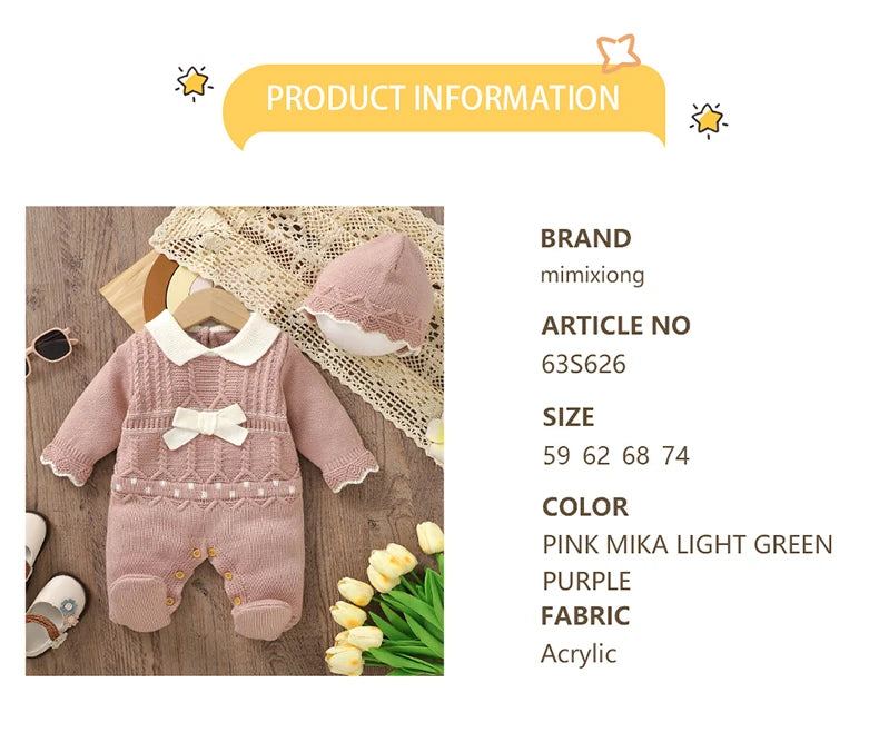 Soft Autumn Winter Baby Girls Rompers + Hat Outfits Multi-colors Available 0-9M Knitted Acrylic Newborn Baby Bodysuit Jumpsuit