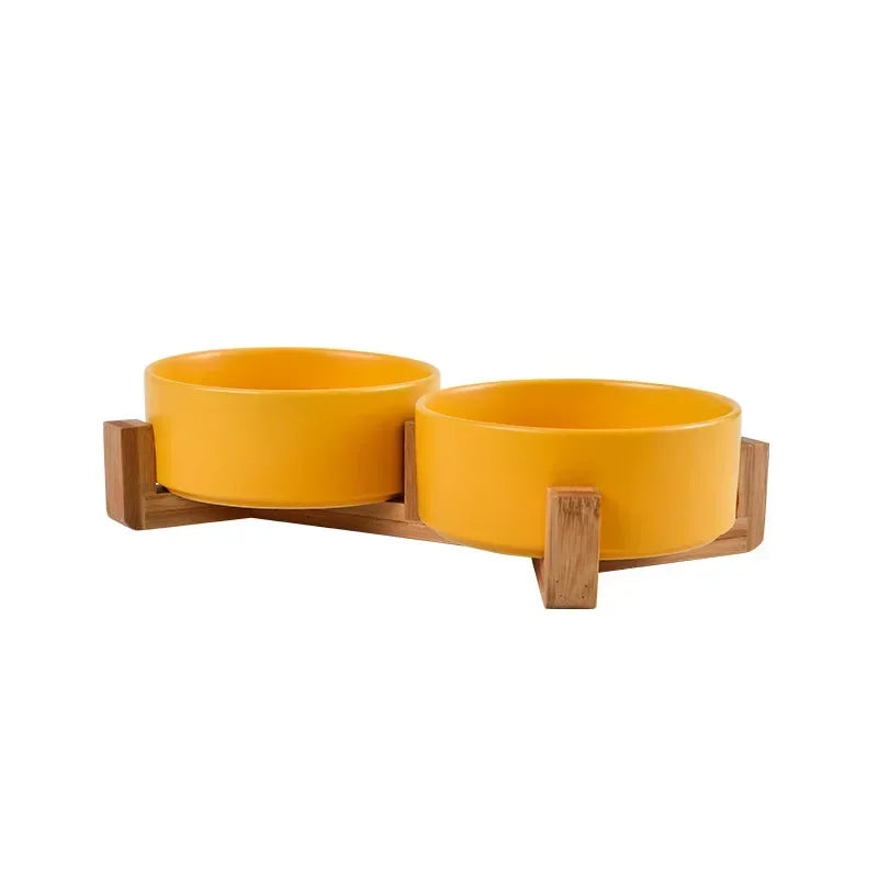 Cat bowl cerami double bowl water bowl integrated wooden rack protects cervical spine high-legged dog bowl dog bowl