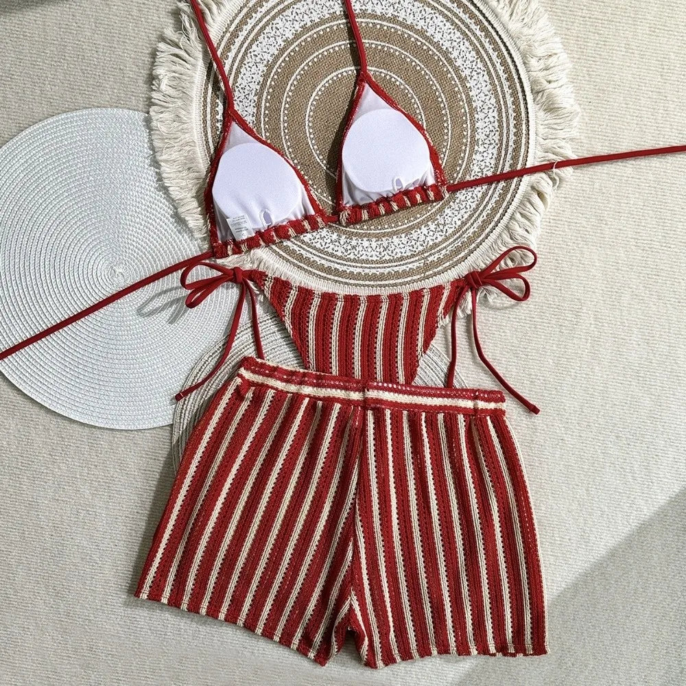 Fashion Stripes 3 in 1 Swimwear Set Lace Up Slim Fit Bikini Bathing Suit Deep-V Sleeveless Knitting Swimsuit Vacation