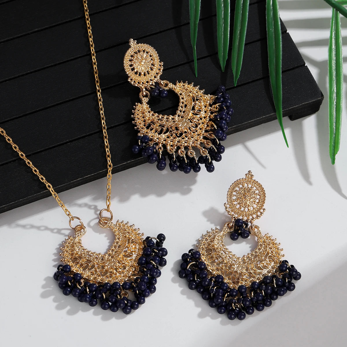 Indian Jewelry Set for Women Bijoux Retro Gold Plated Round Beads Tassel Earring Necklace Sets Ethnic Vintage Wedding Jewelry