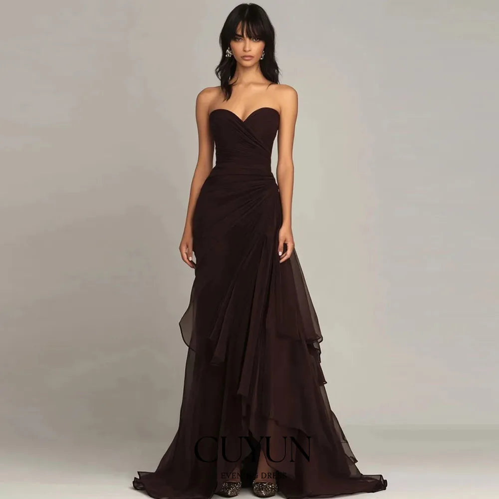 CUYUN Pleated Strapless Evening Dresses Brown Long Prom Dresses Formal Sexy Off-shoulder Vestidos De Fiesta Customized