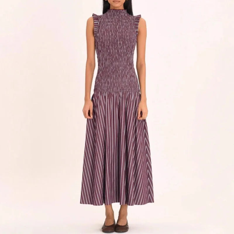 Elegant Striped Print Slim Sleeveless Robe Dress Spring O Neck High Waist Spliced Dress Woman Casual Pleated A-Line Office Dress