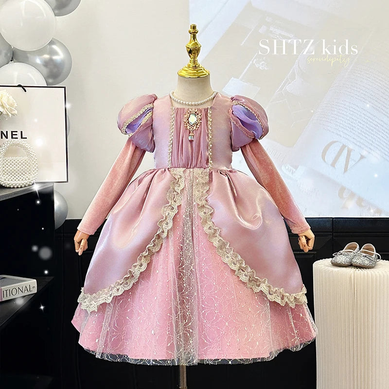 Kids Pink Aurora Princess Lolita Dress Halloween Costume Girl Sleeping Beauty Princess Cosplay Birthday Party Dresses for 2-12Y