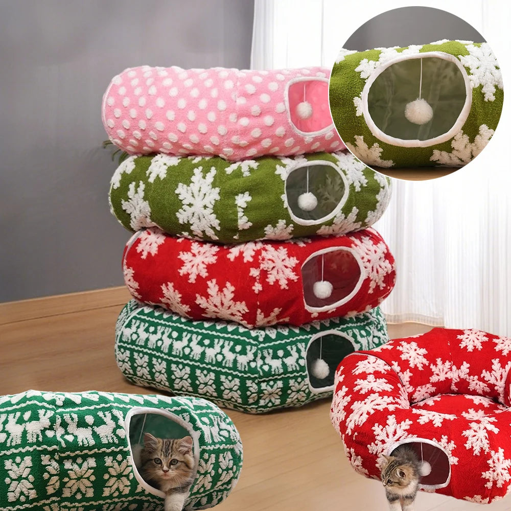 Round Donut Cat Beds Christmas House Soft Plush Pet Mat for Puppy Cushion for Cats To Hide 2 in 1 Tunnel Cats Sleeping Sofa Noel