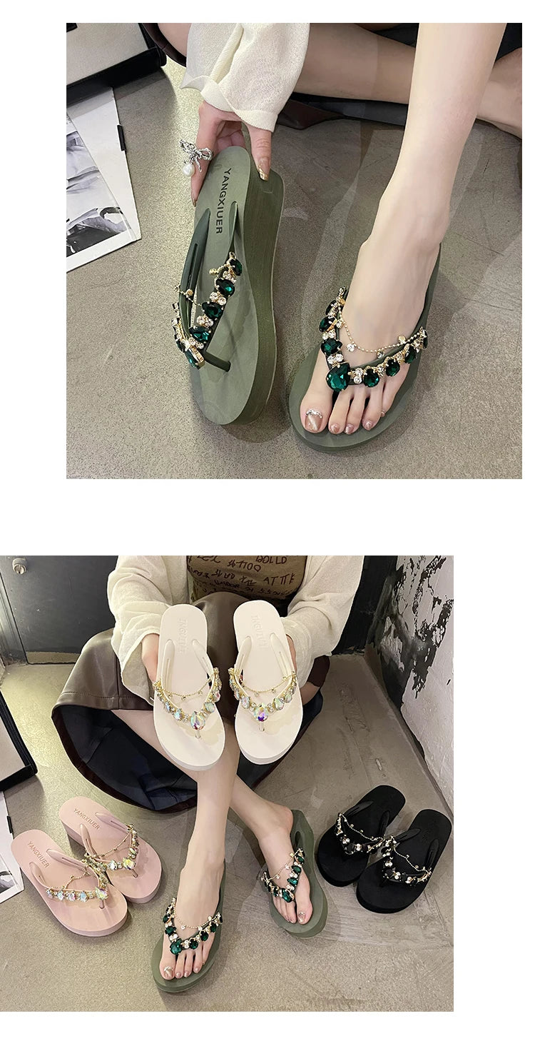 Rhinestone Chain Summer Flip Flops Sandals Women Comfortable Beach Shoes Non-slip Soft Bottom Casual 5cm Heels Wedges Slippers