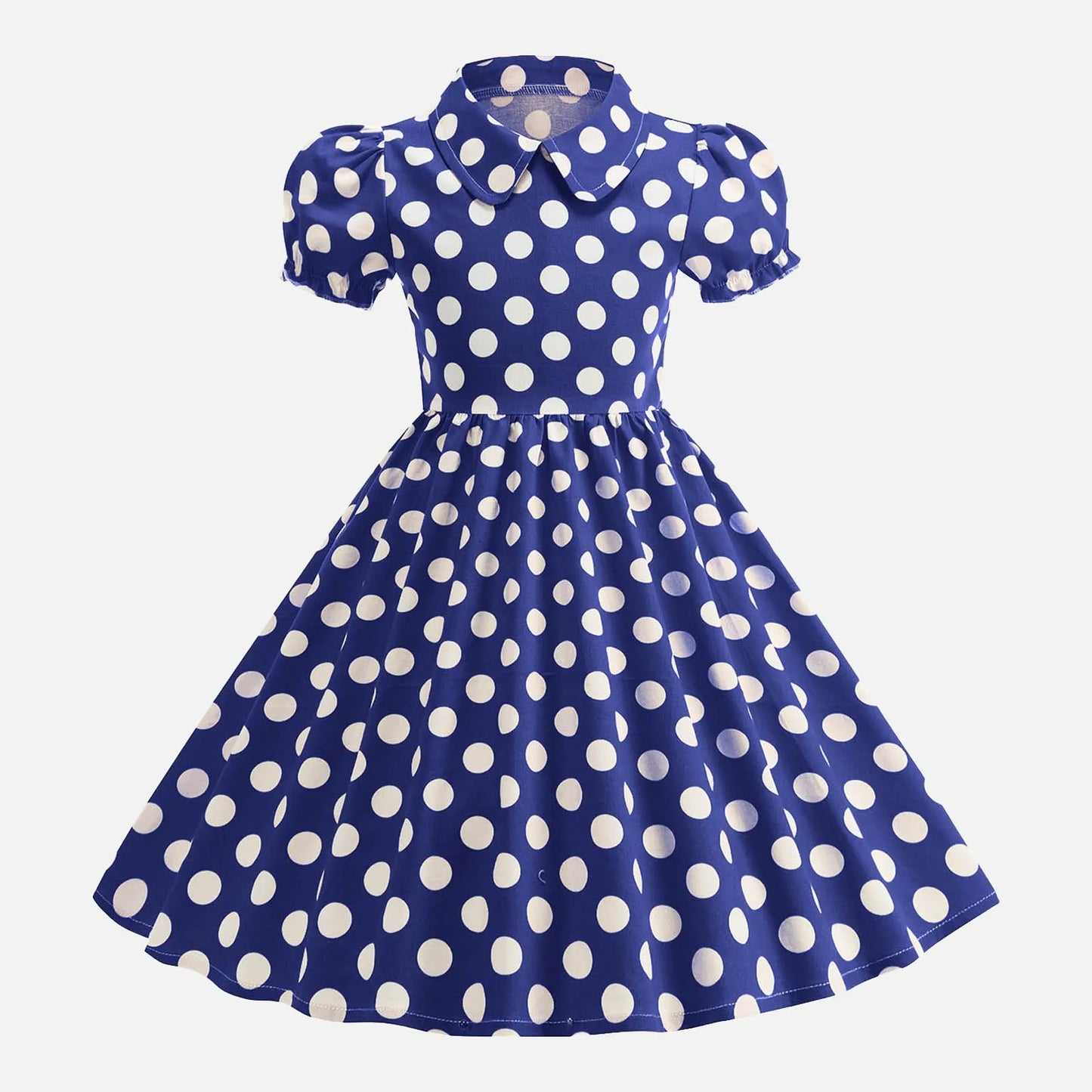 Girls Vintage Polka Dot Summer Dresses Elegant 50s Turn Down Collar Short Sleeve Princess Cocktail Dress Children'S Clothing