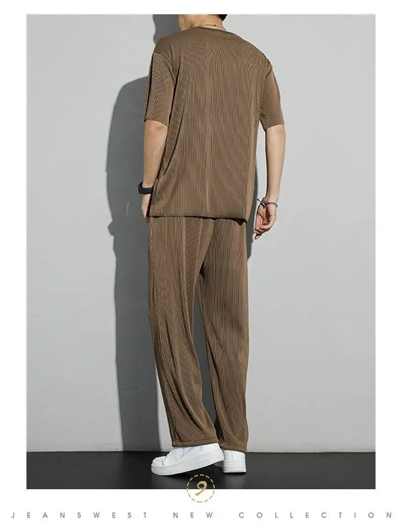 New Ice Silk Sports Set Men's Summer Thin Tracksuit Men 2024 Casual Long Pants Short Sleeve T-shirt Quick Drying Clothes Sets