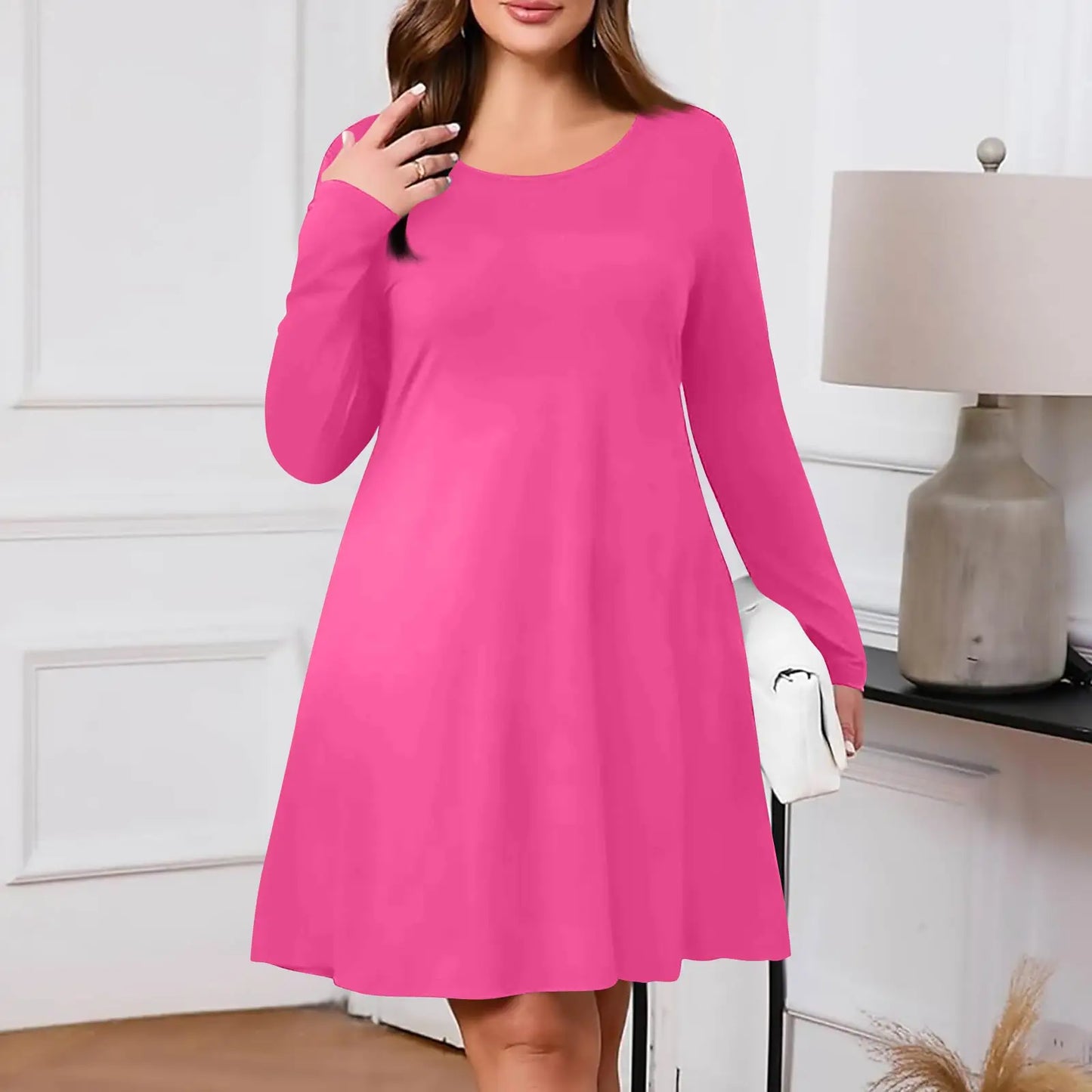 Plus Size Dress for Women Solid-Colour Casual Dress Spring/Autumn Pocket Round Neck Long-Sleeved Dresses vestidos femenino