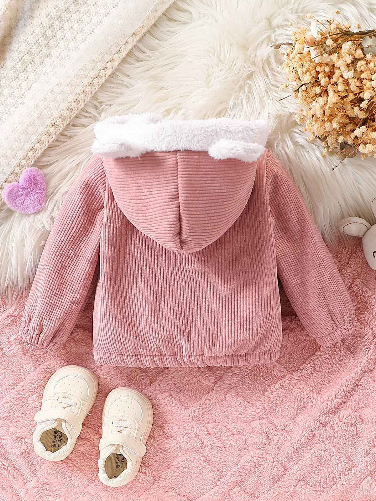 Baby Girl Casual Cute Corduroy Composite Plush Fabric Zipper Fully Open Thickened Hooded Long Sleeve Jacket Autumn and Winter