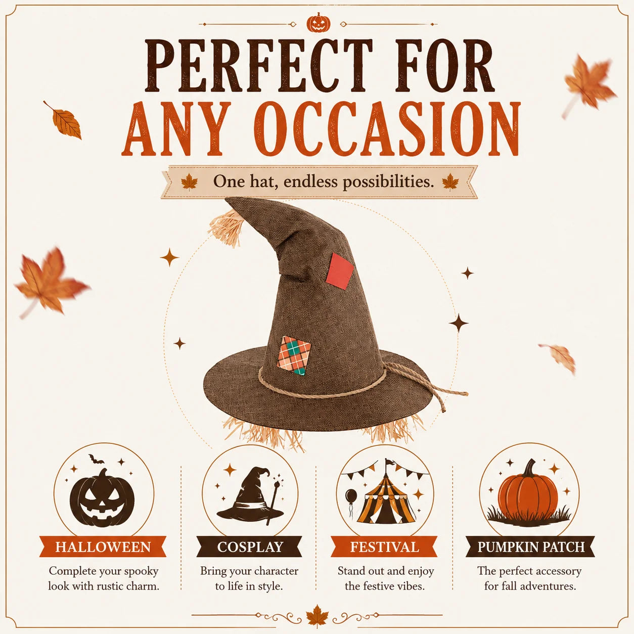 Halloween Witch Hat for Women, Pumpkin Patch Costume Accessory for Fall Festival