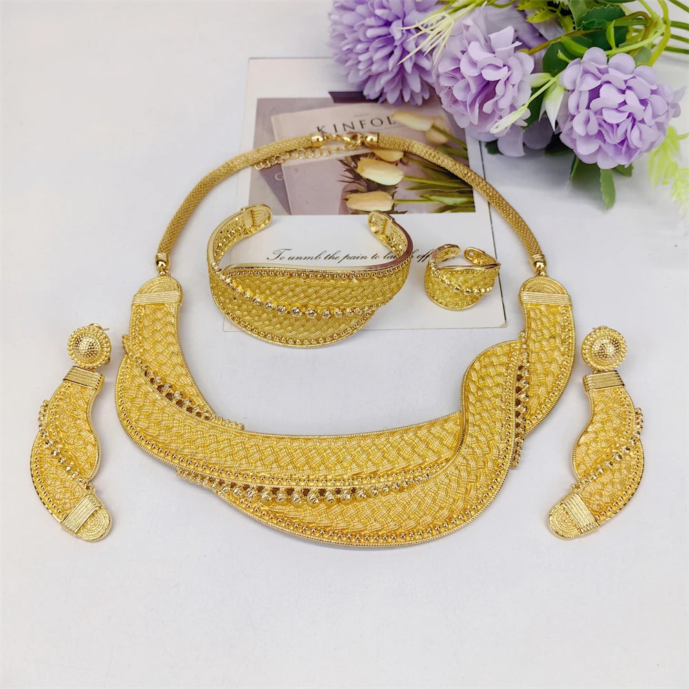 Dubai Jewelry Set Minimalistiese Quality Women Necklace Earrings Bracelet And Ring Luxury Design Weding Party Gift