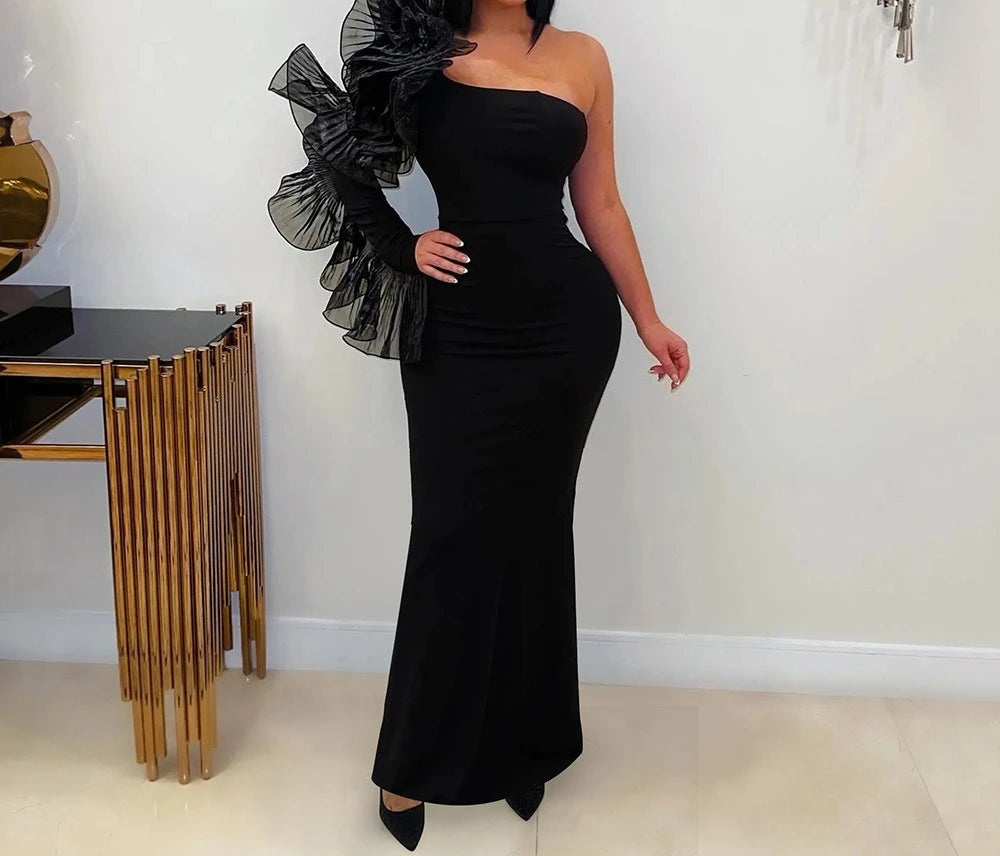 One Shoulder Long Dress Women Elegant Party Dresses Ruffles Sleeve Bodycon Evening Summer Dresses Female Birthday Dress HWY1896