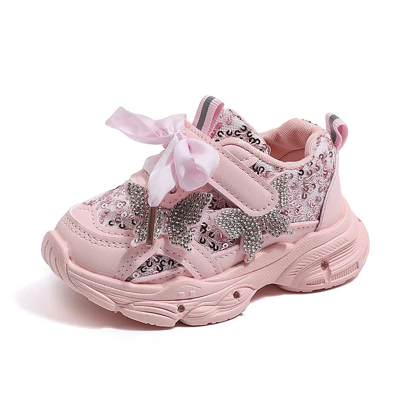 Children Shoes 2026 New Spring Toddler Girls Sport Shoes Bling Bling Soft Sole Breathable Outdoor Tennis Fashion Kids Sneakers