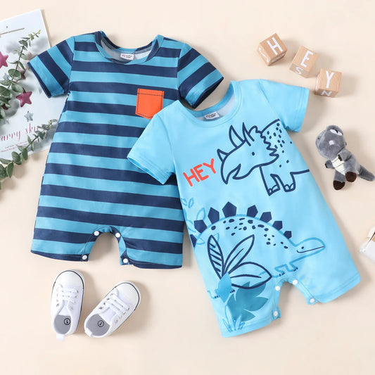PatPat Baby Boy Stripe/Dinosaur Print Short-sleeve Romper