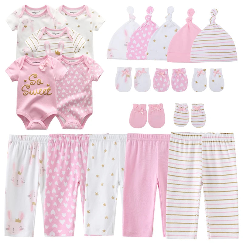Unisex 2023 Solid Color New Born Baby Girl Clothes Set Bodysuits+Pants+Hats+Bibs/Mittens Cotton Baby Boy Clothes Bebes