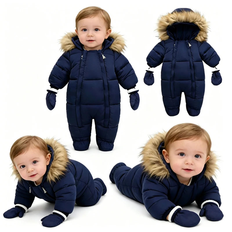 Winter Newborn Baby Girl Clothes Thicken Baby Romper With Gloves Warm Baby Jumpsuit Hooded Plus Velvet Children's Clothing 0-18M