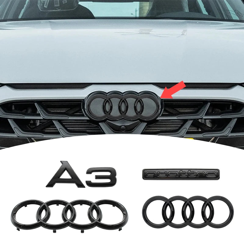 Audi A3 4 Ring Logo ABS Glossy Black Car Hood Front Bonnet Grill Badge Rear Trunk Quarrto Emblem Sticker Decal For A3 2010-2020