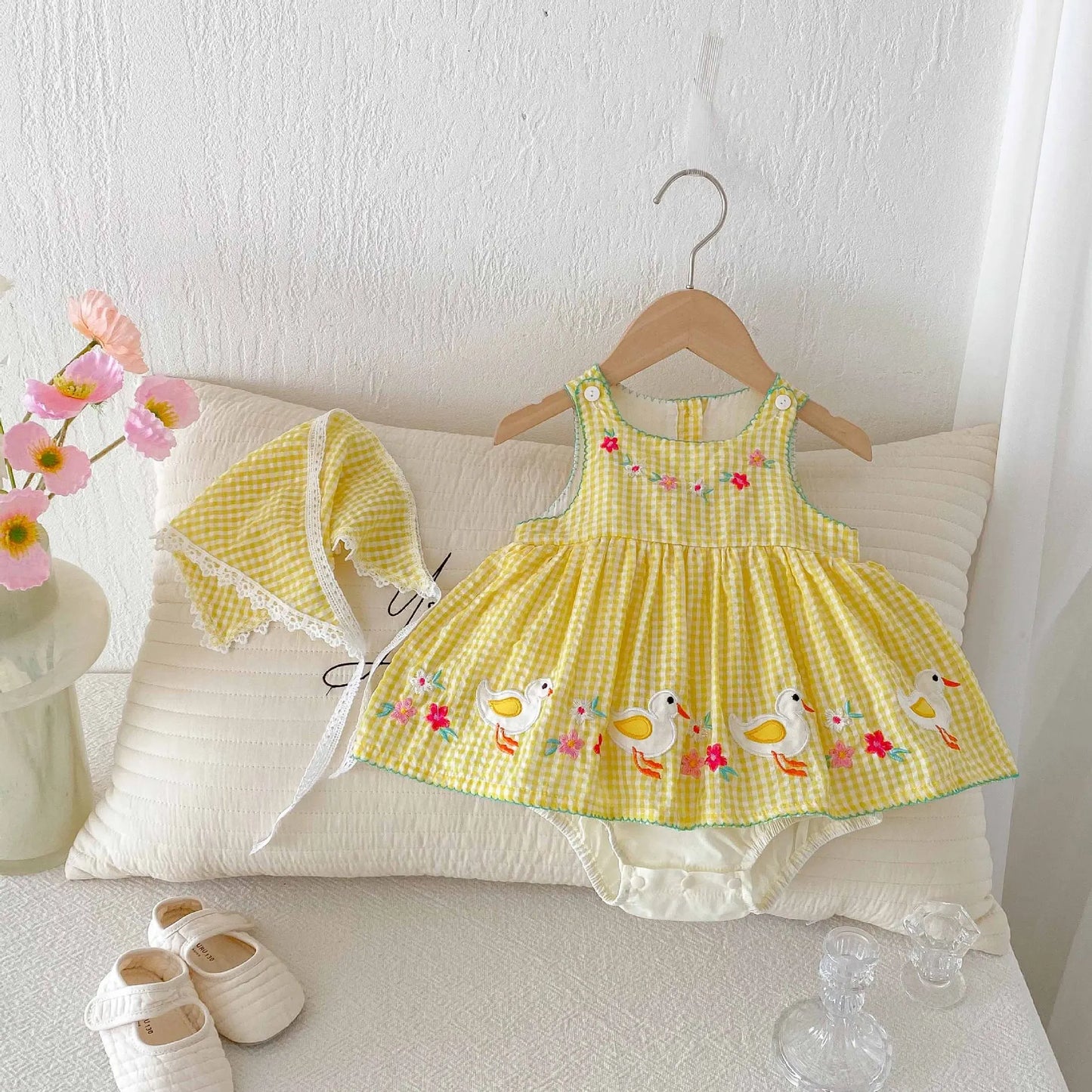 Baby Girl Summer Stylish Sweet Thin Class A Cotton Romper Dress - Cute Cartoon Duck Pattern Yellow Checkered Sleeveless Onesie